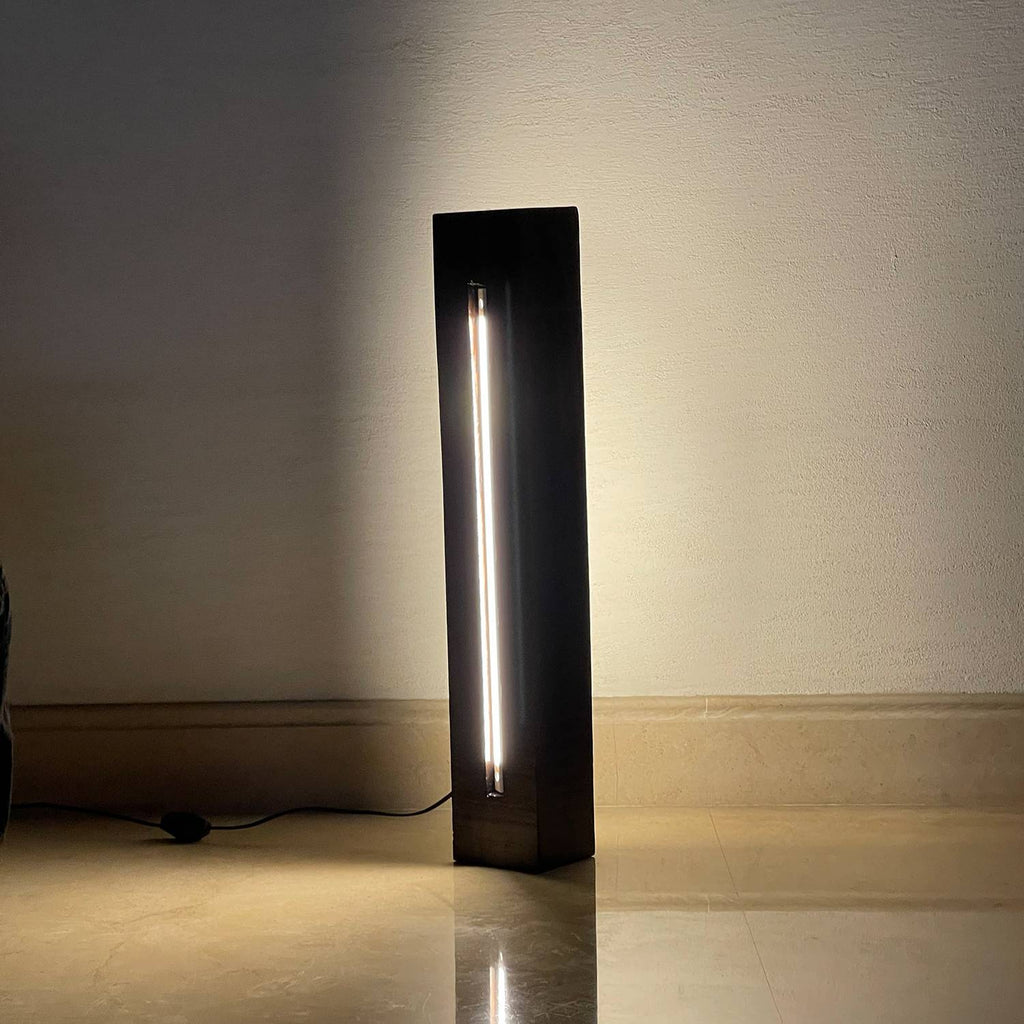 Sleek Pillar Wooden Cube LED Floor Lamp With Dimmer