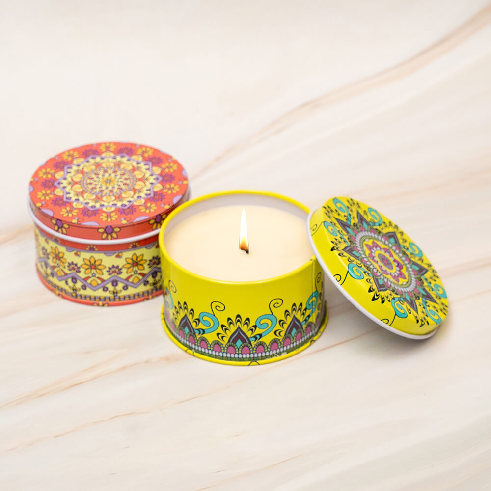 Ebony, Teak Wood & Oud Scented Candle in a Beautiful Moroccan Design Tin Jar