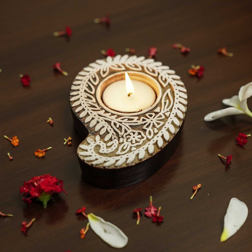 Tea Light Candle Holder With Rangoli Design - Mango | Studio By Paveela