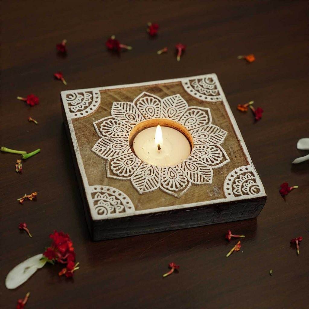 Tea Light Candle Holder With Rangoli Design - Square | Studio by Paveela